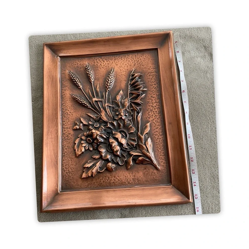 Antique Copper Floral‎ Wall Hanging Albert Gilles Signed 15.25x12.25 Repousse